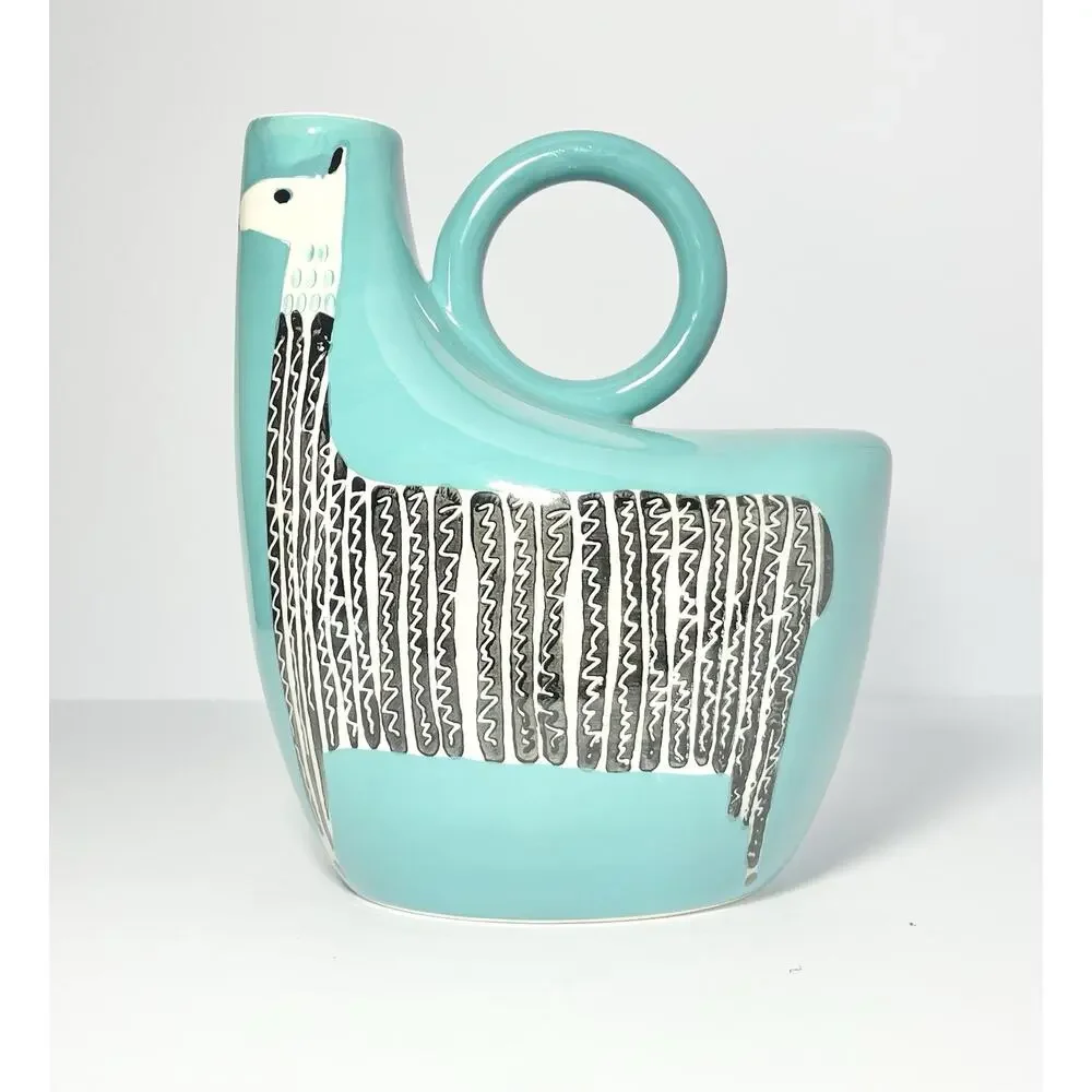 West Elm Ceramic Turquoise “Llama” Handled Pitcher Jug 8 1/4” 28oz